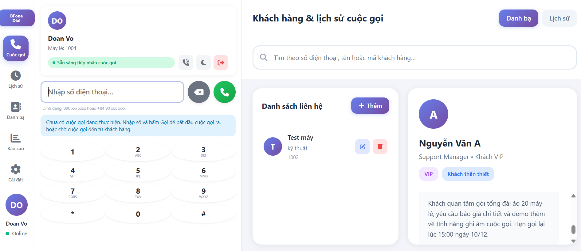 Giao diện WebRTC Softphone - Bàn phím gọi điện và quản lý danh bạ
