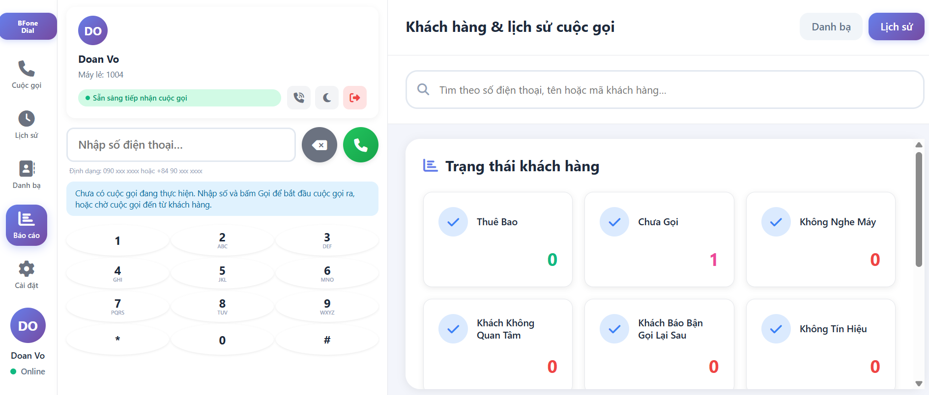Giao diện WebRTC Softphone - Báo cáo trạng thái khách hàng